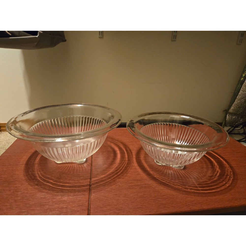 Vintage Clear Ribbed Glass Nesting Mixing Bowls Set of 2 Fluted Footed Round